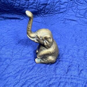 Vintage Brass paperweight Elephant Figurine Sitting Elephant with Trunk Up Decor